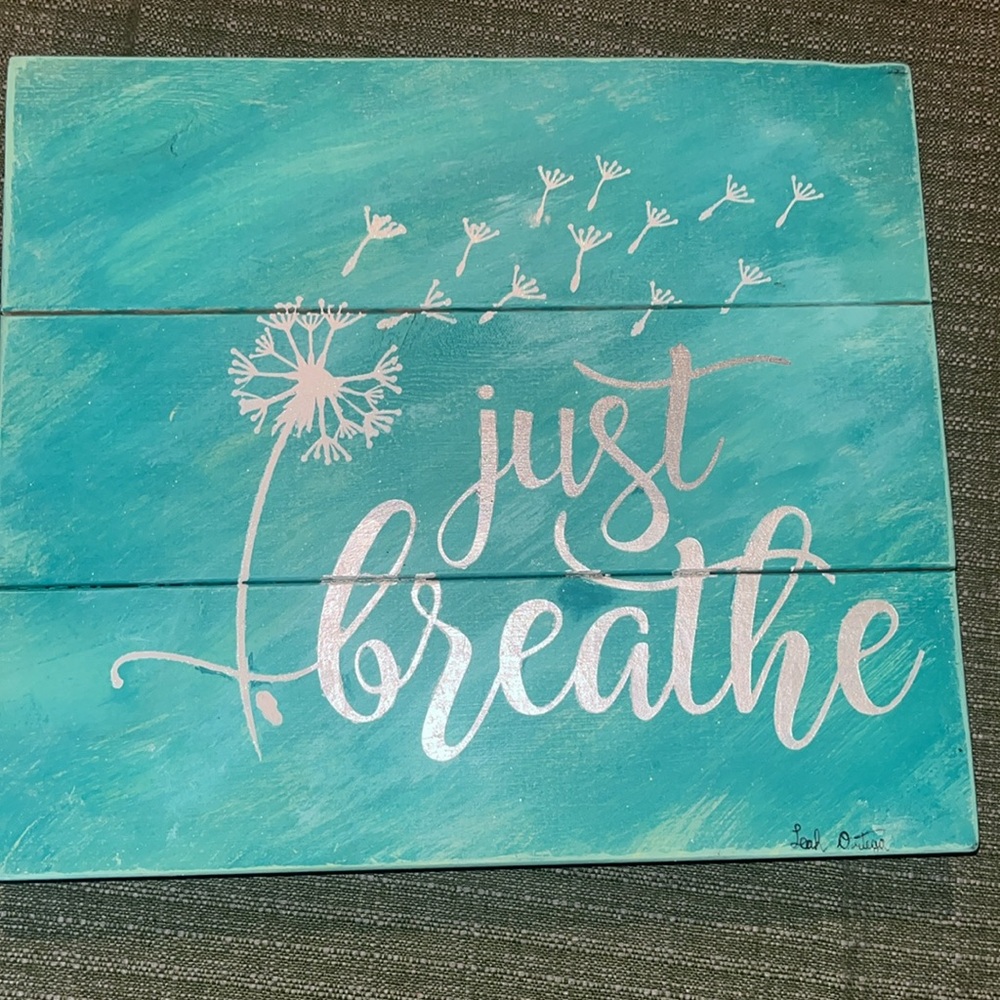 "Just Breathe" Wall Art in Teal and Silver Handmade painted wood 12” x 10” NWOT